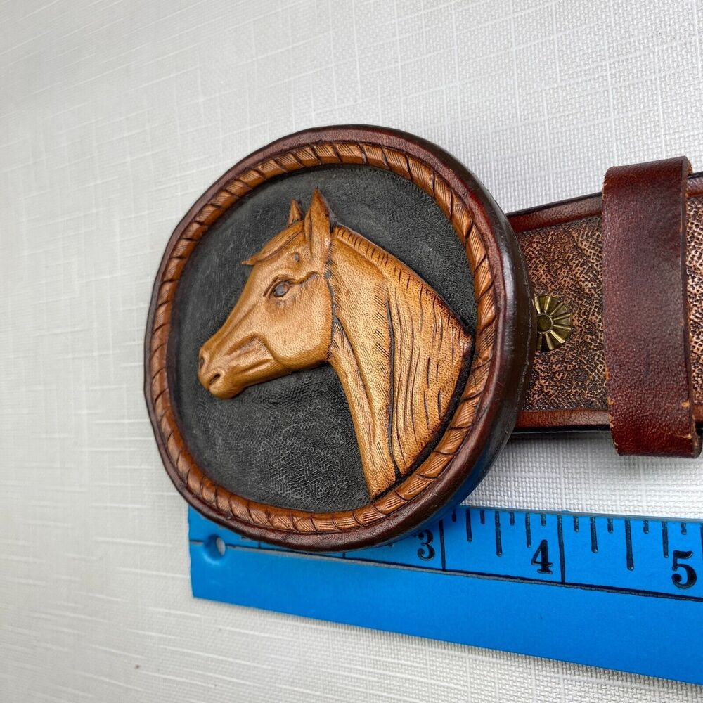 Hand Tooled LEATHER 3-D HORSES SCENE Western Belt! Handmade T Goodloe Sz 29 - Picture 4 of 16